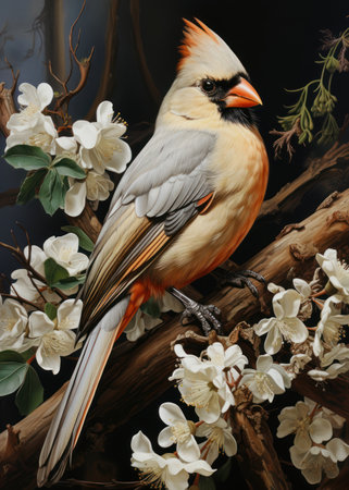 Northern Cardinal, Cardinalis cardinalis, on a branch with white flowersの素材