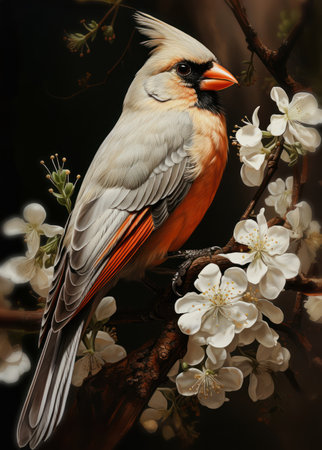 Red cardinal bird on a branch of blossoming tree with white flowersの素材