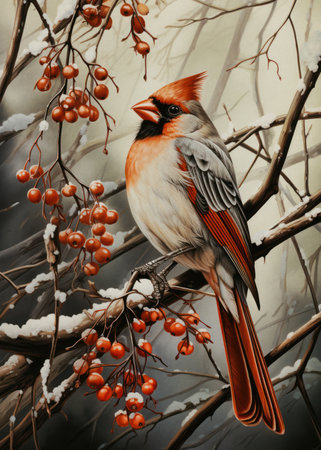 Northern Cardinal sitting on a branch with rowan berries in winter.の素材