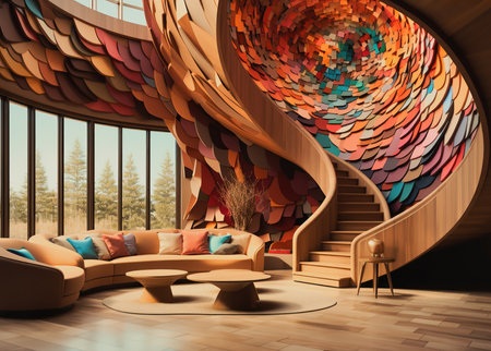 Interior of modern living room with wooden walls, wooden floor, comfortable sofa and round coffee table. 3d renderingの素材