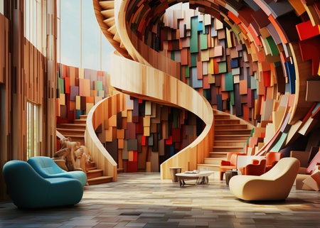 Interior of modern living room with wooden walls, tiled floor, comfortable armchairs and round coffee table. 3d renderingの素材