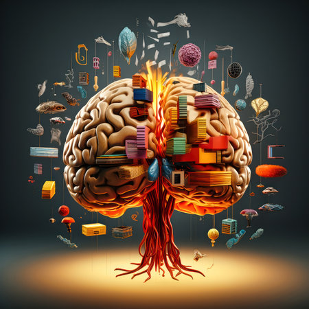 Human brain with many doodles on dark background, 3d illustrationの素材
