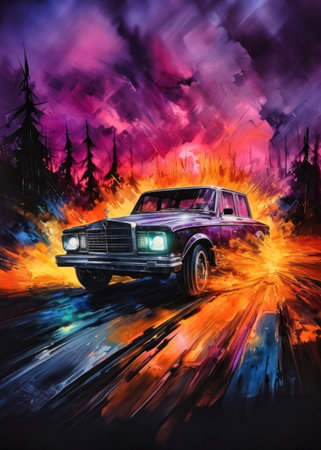 vintage car on the road in the woods,illustration paintingの素材