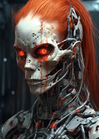3D rendering of a female robot with blood on her face.の素材