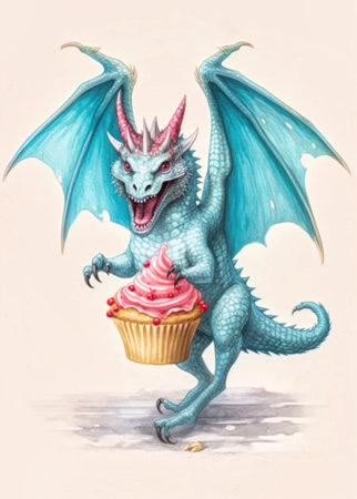 Funny blue dragon with cupcake. Illustration on white background.の素材