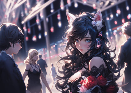 Anime manga girl in a carnival costume on the street.の素材