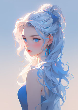 3D Illustration of a beautiful woman with blue hair and white skinの素材