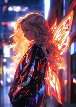 Futuristic girl with glowing wings in the city at night.の素材