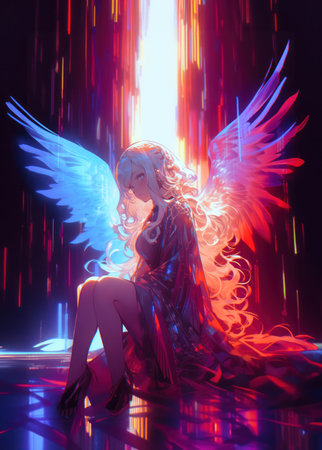 beautiful girl with angel wings in a dark room with neon lightの素材