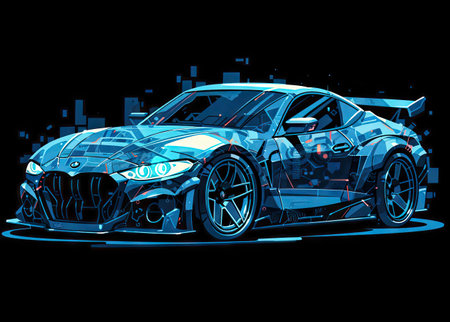 Sketch of a sports car on a black background. Vector illustrationの素材