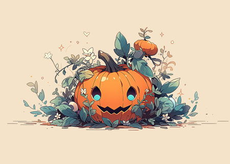 Halloween pumpkin with flowers and leaves. Hand drawn vector illustration.の素材