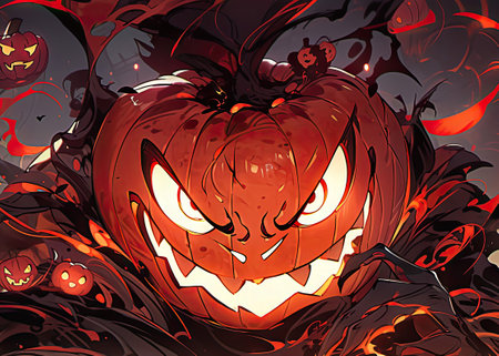 Halloween pumpkin with scary eyes and blood splashes, vector illustrationの素材
