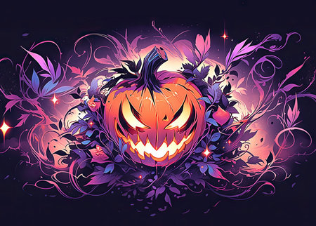 Halloween background with pumpkins and flowers.の素材