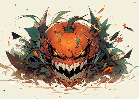 Halloween pumpkin with autumn leavesの素材