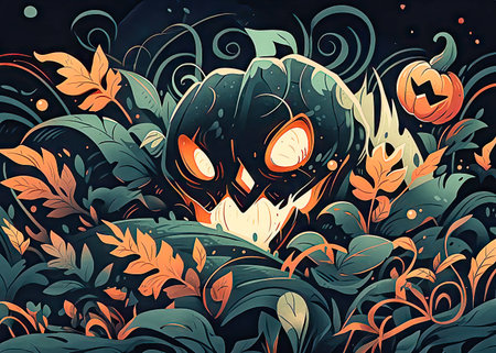 Halloween background with pumpkins and floral elements.の素材
