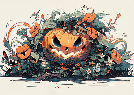 Halloween pumpkin with flowers and leaves.の素材