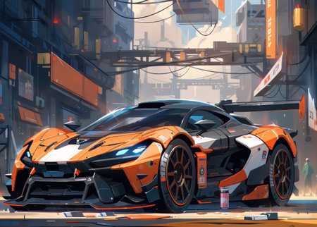 Futuristic orange sports car in the city. 3d renderingの素材