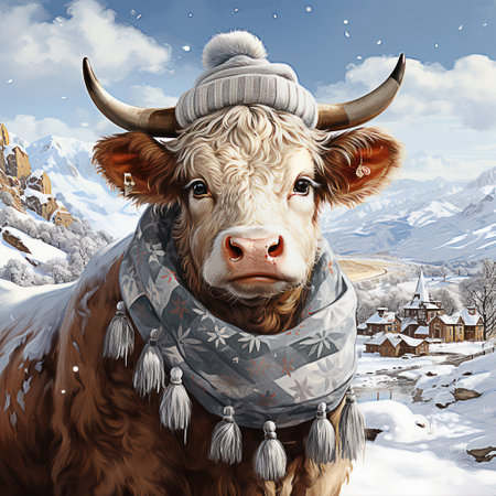 Cute cow in a winter hat and scarf on the background of mountainsの素材