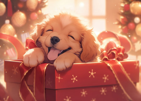 Cute puppy with christmas gift box on background of Christmas treeの素材