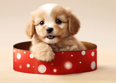 Cute puppy in a gift box on a beige background.の素材