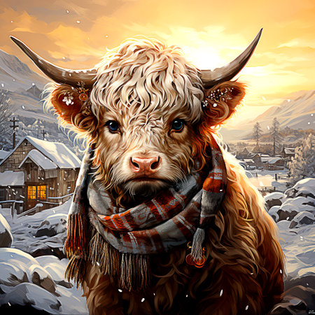 Cute cow in the winter village. Digital painting, illustration.の素材
