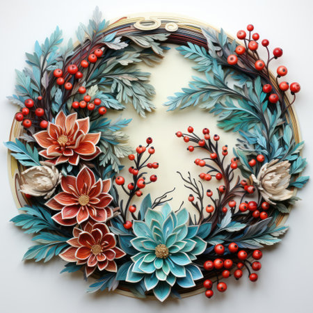 Handmade Christmas wreath of leaves and berries on a white backgroundの素材
