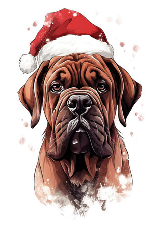 bullmastiff dog with santa claus hat, illustration.の素材