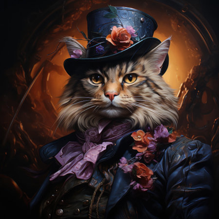 Portrait of a maine coon cat in a hat with flowers.の素材