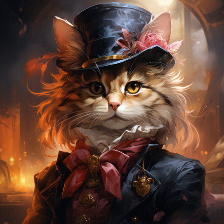 Fantasy portrait of a Maine Coon cat in a hat.の素材