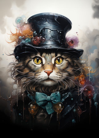 Cat in a top hat and bow tie with balloons in the form of a rainbow.の素材