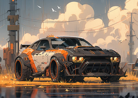 Racing car on the road in the city. 3d renderingの素材