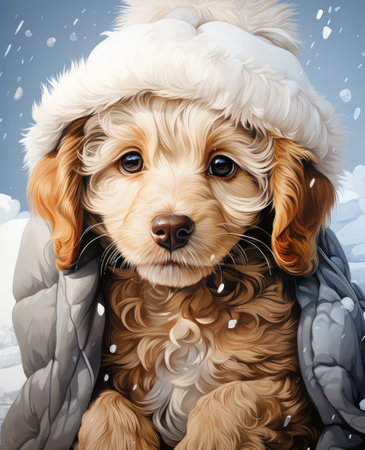 Cute dog in winter coat and Santa Claus hat. Digital painting.の素材