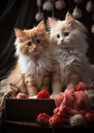 Two Maine Coon kittens on a dark background. Studio shot.の素材