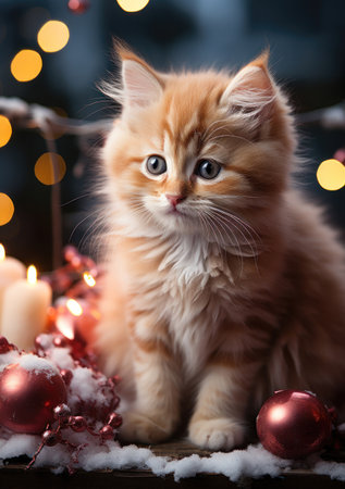 Cute ginger kitten with christmas decoration on bokeh backgroundの素材