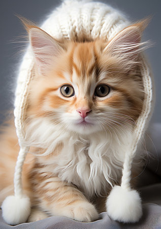 Cute ginger maine coon kitten in a hat on a gray backgroundの素材
