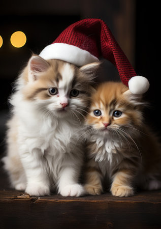 Cute little kittens with santa hat on dark background, closeupの素材