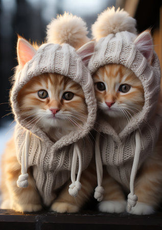 Cute little kittens in warm hats on wooden bench, closeupの素材