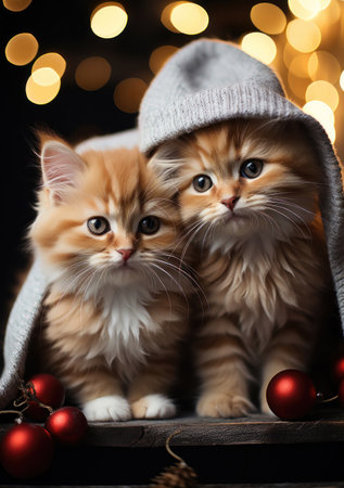 Cute kittens in hat and scarf on dark background with Christmas lightsの素材