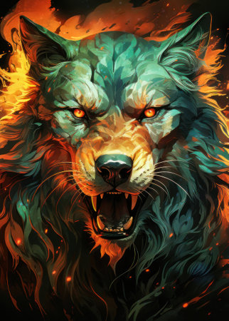 Wolf head with fire flames in background. Colorful illustration for designの素材