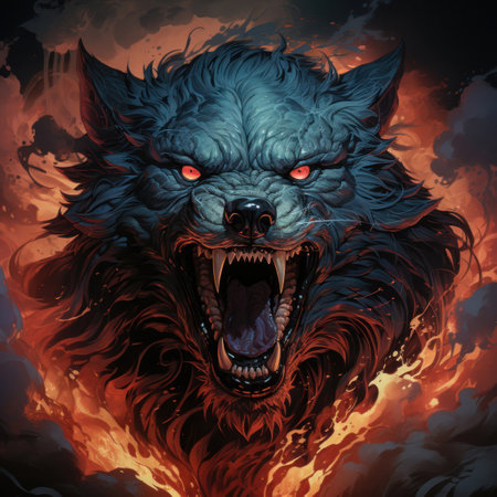 Angry wolf in the fire. Grunge effect. Vector illustration.の素材