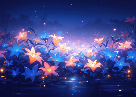 Night landscape with lily flowers. Illustration in blue tones.の素材
