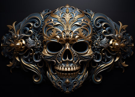 Masks with gold ornament on a black background. 3d illustrationの素材