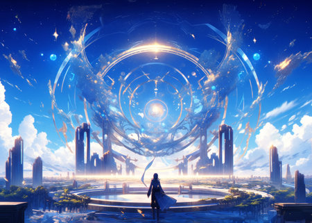 Fantasy scene with a man standing in the middle of the cityの素材