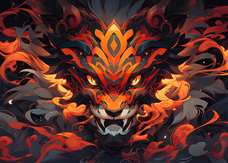 Digital illustration of a dragon head with fire flames on a black backgroundの素材
