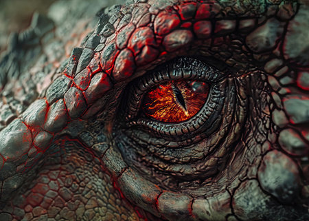 Close-up of the eye of a red dinosaur.の素材