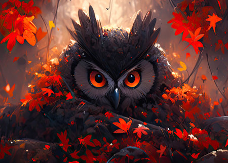 Owl in the forest with autumn leaves, 3d illustration.の素材