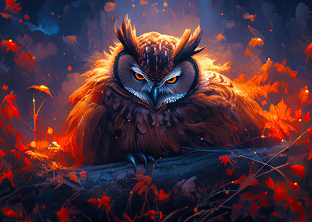 Owl in the forest. Illustration of an owl in the forest.の素材
