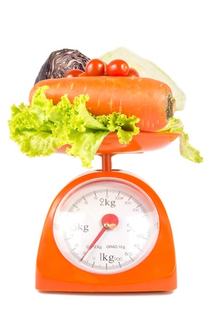 many fresh vegetables lying on weight scaleの写真素材