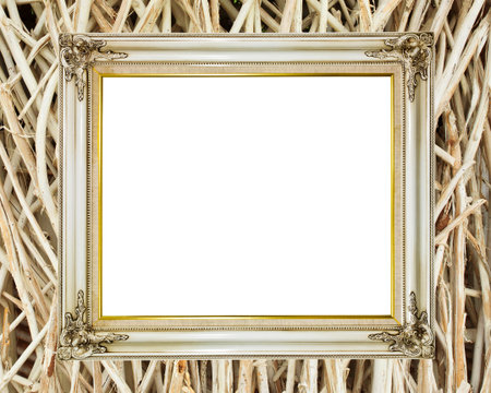 Blank old vintage frame on bamboo wall background