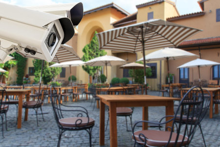 The CCTV Security Camera operating in the restaurant blur background.
